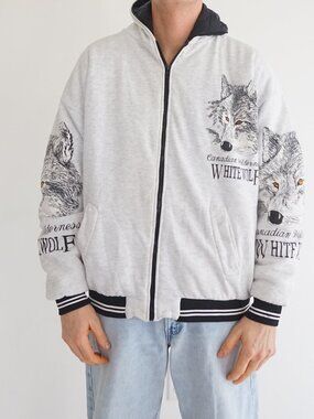 VTG Sportswear Grey White Wolf Canadian Wilderness Graphic Zip Hooded Quilted L